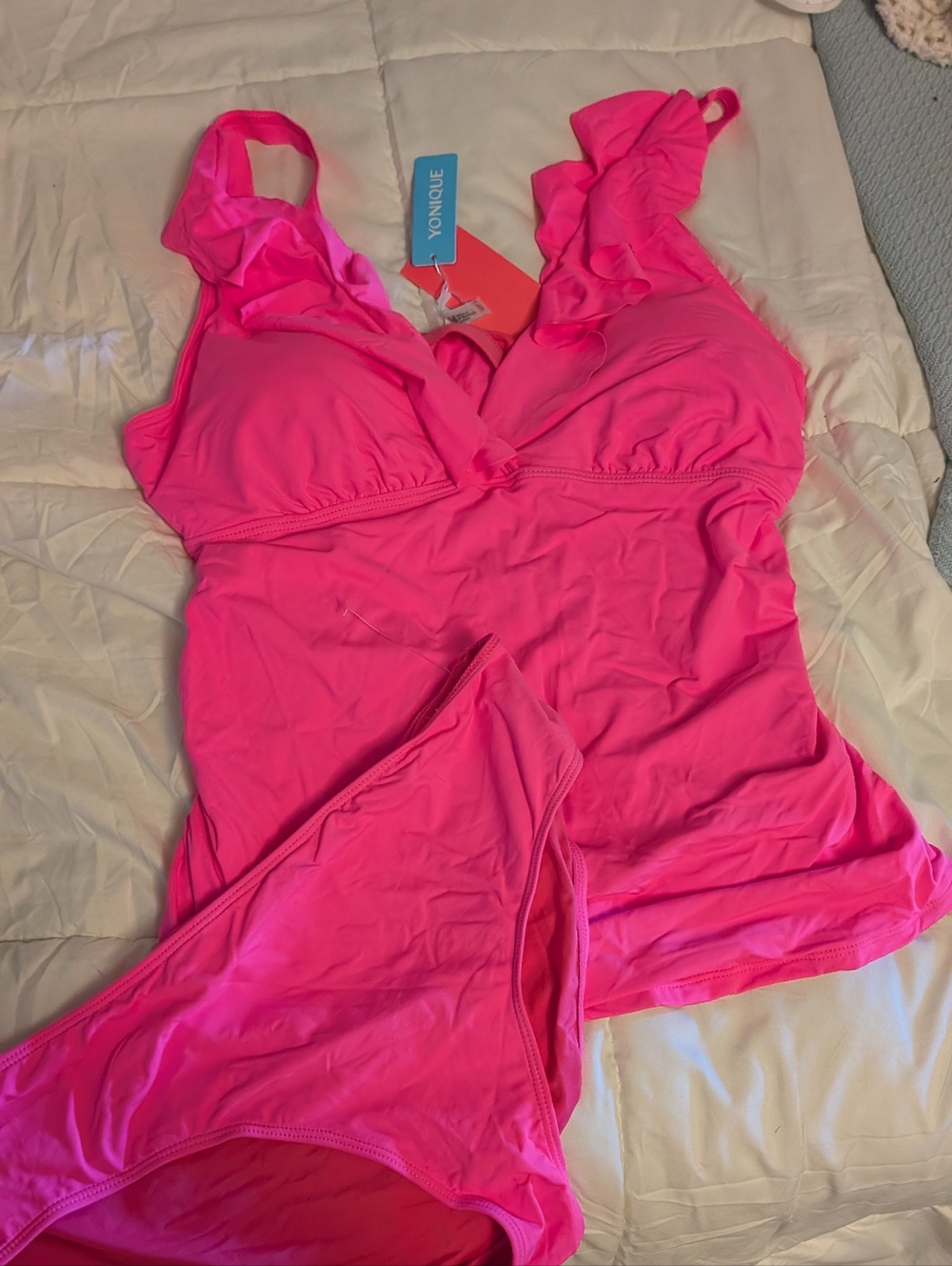 Younique Bright Pink Ruffle-Shoulder Tankini Set